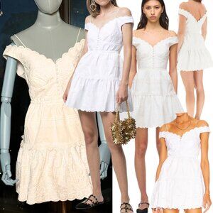 🆕 SELF-PORTRAIT 🧿 NWOT White Scallop Edge Off-Shoulder Mini Dress Sz UK12 US 8